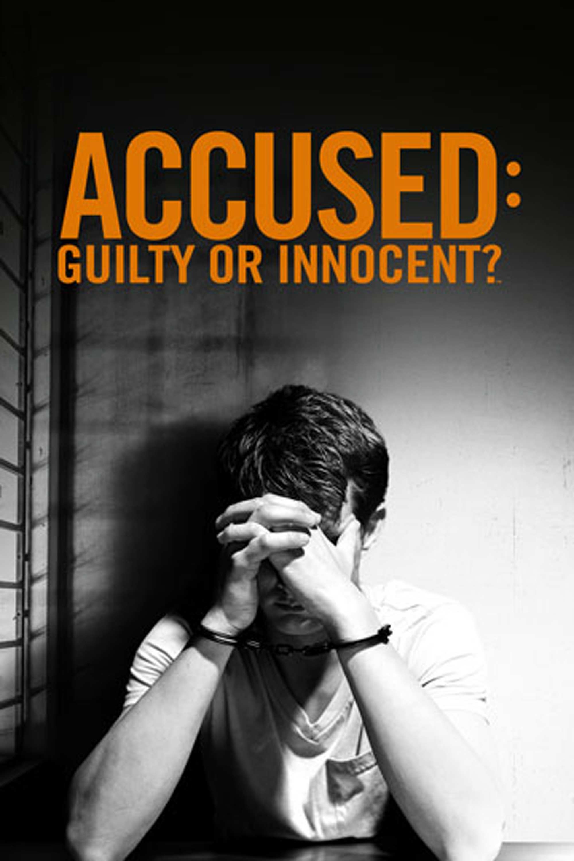 Accused: Guilty or Innocent?: handcuffed man sitting in a jail cell with head in hands under dramatic shadow lighting.