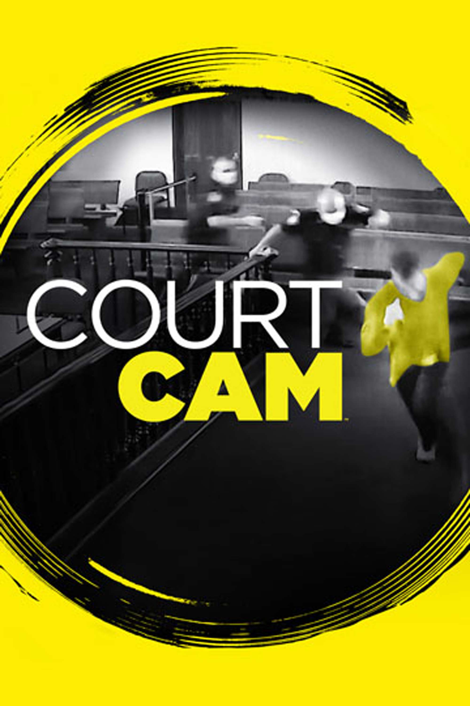 Court Cam: surveillance camera view of a chaotic courtroom scene framed inside a bright yellow circle.