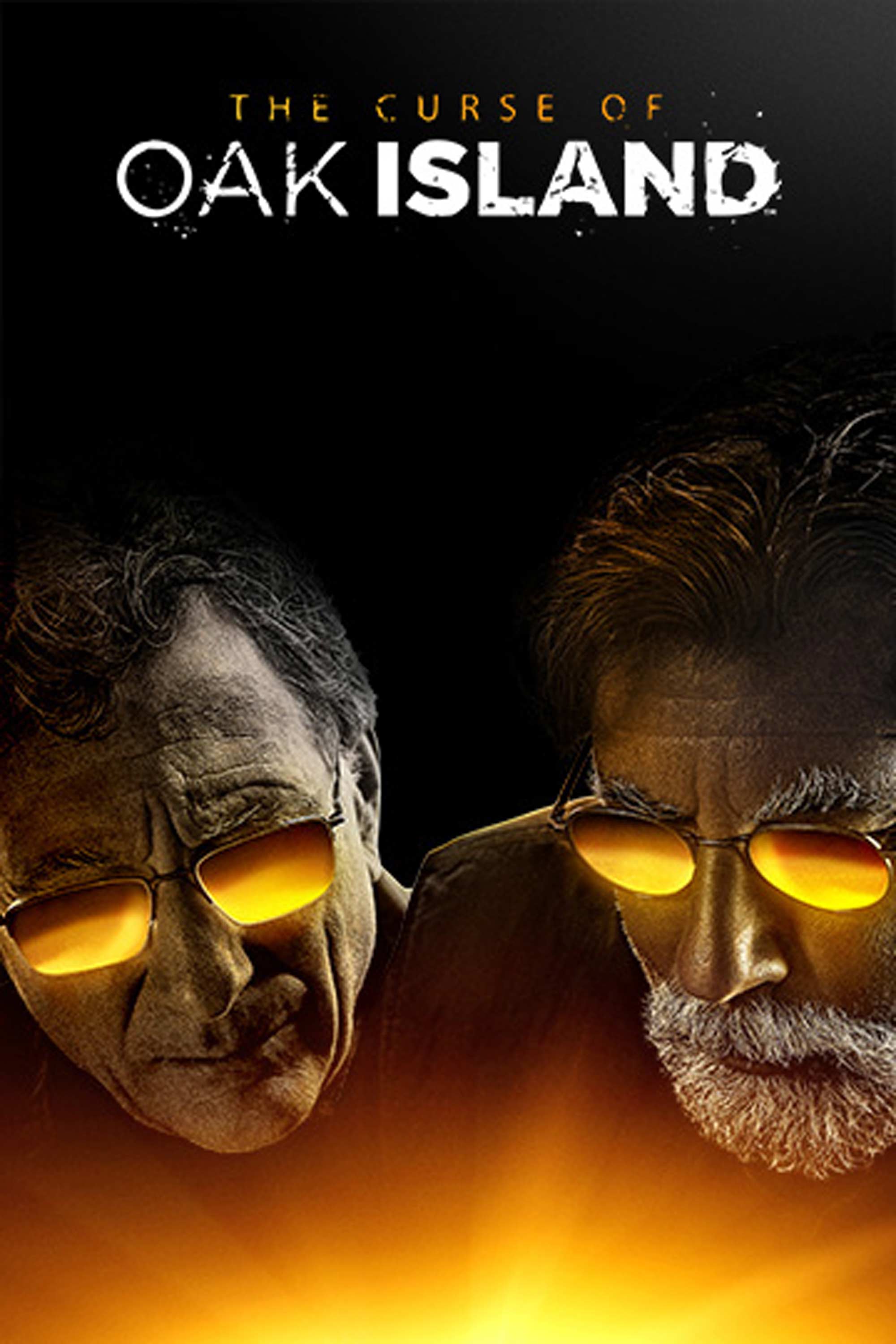 The Curse of Oak Island: Rick and Marty Lagina with glowing golden light reflecting in glasses.