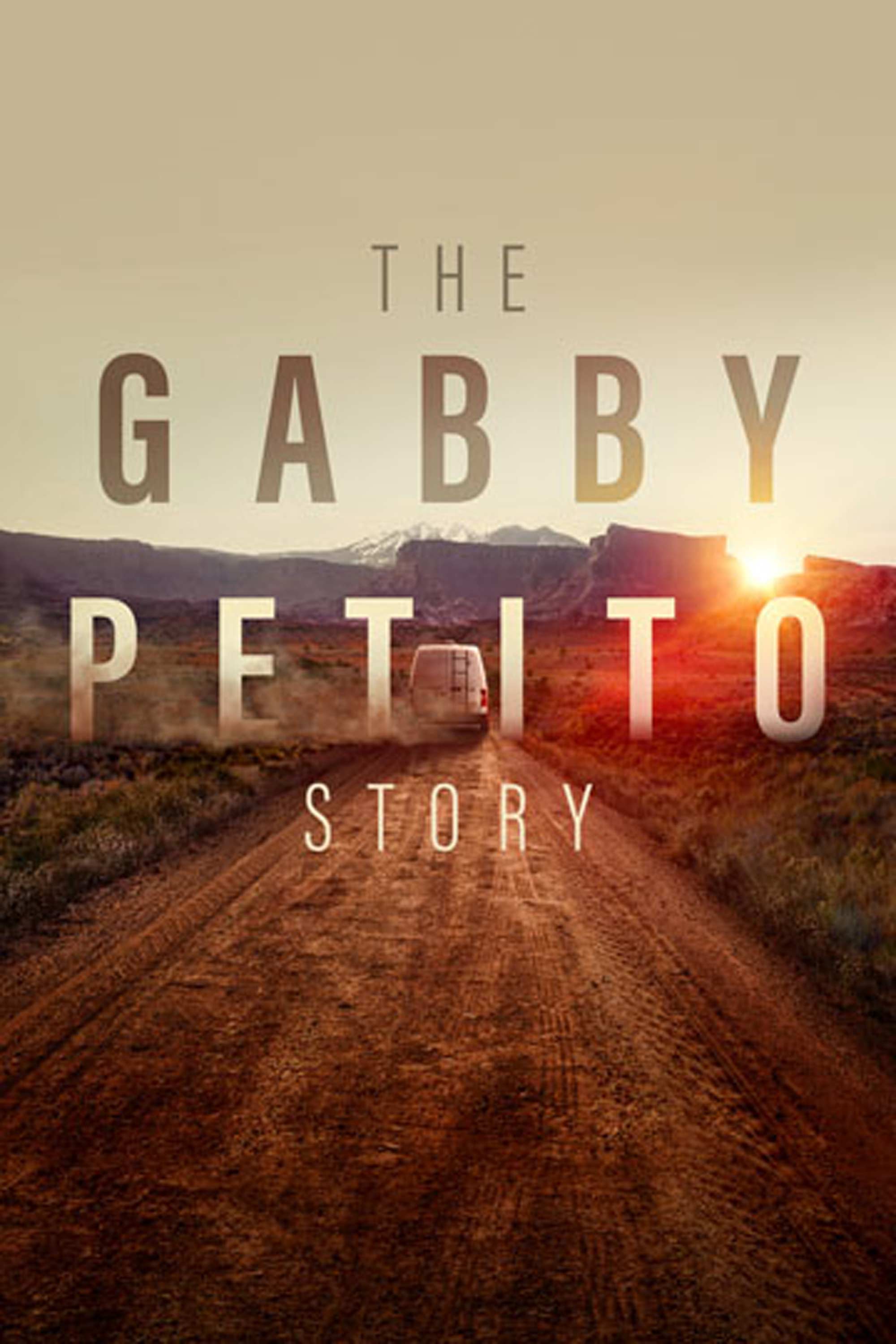The Gabby Petito Story: white van driving down a dirt road toward mountains in a desert landscape at sunrise.