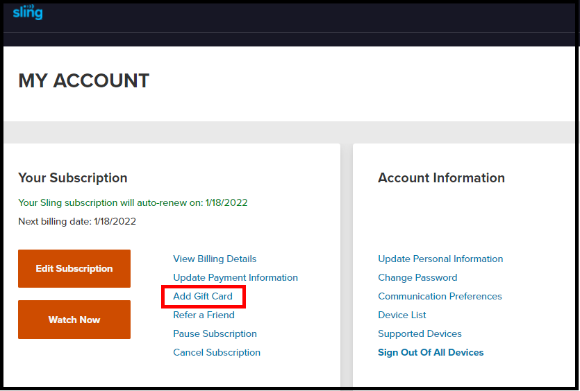 Use a Gift Card on an Existing Account Sling TV Help