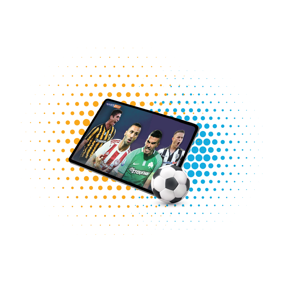 Soccer players streaming on tablet with soccer ball
