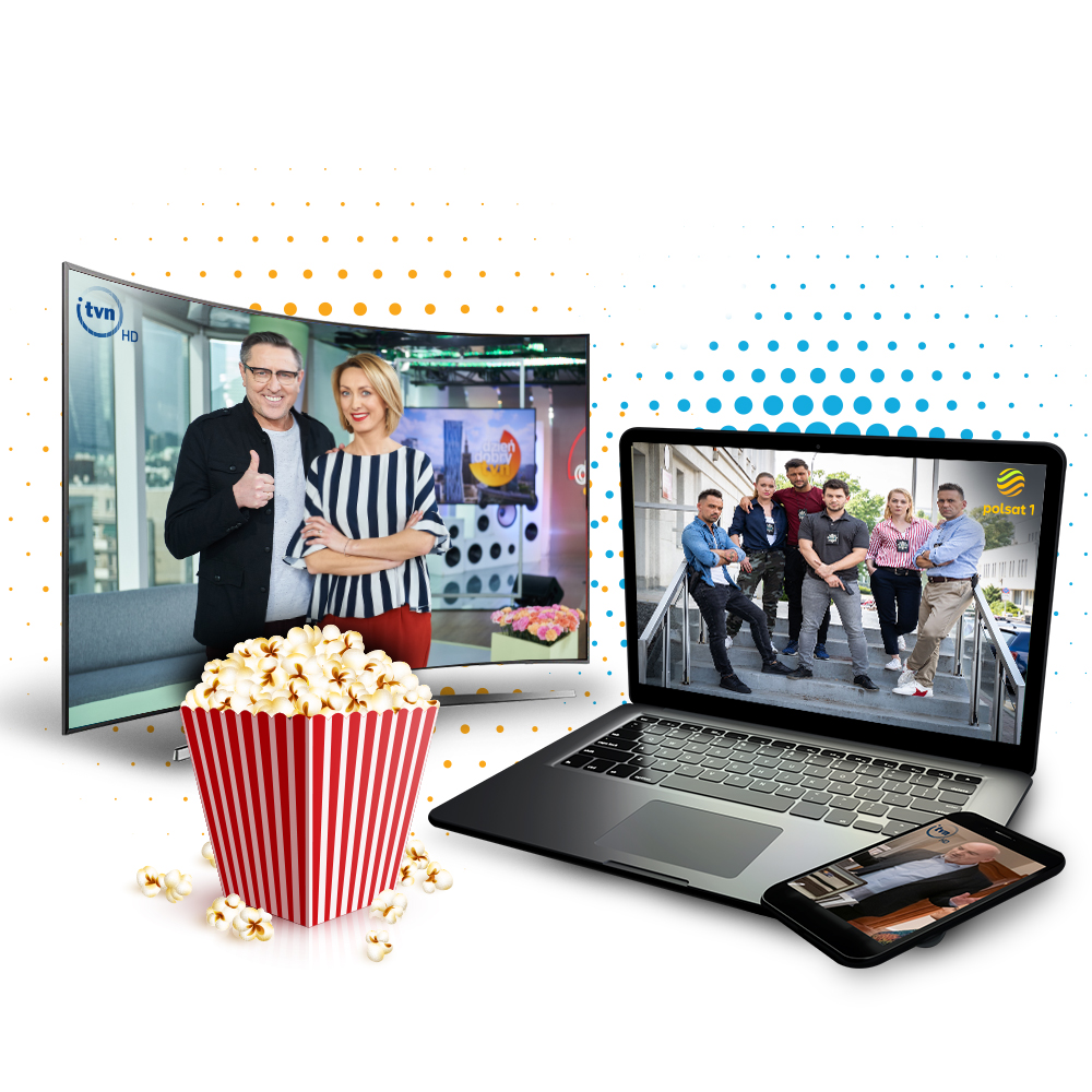 Polish entertainment streaming on TV, laptop and phone with popcorn in front