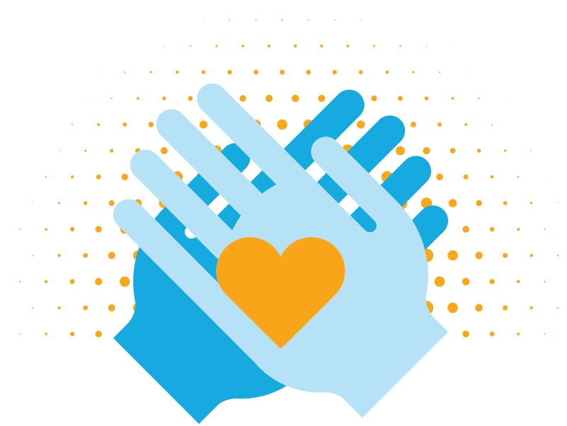 Two blue hands overlapping each other with an orange heart shape in the middle