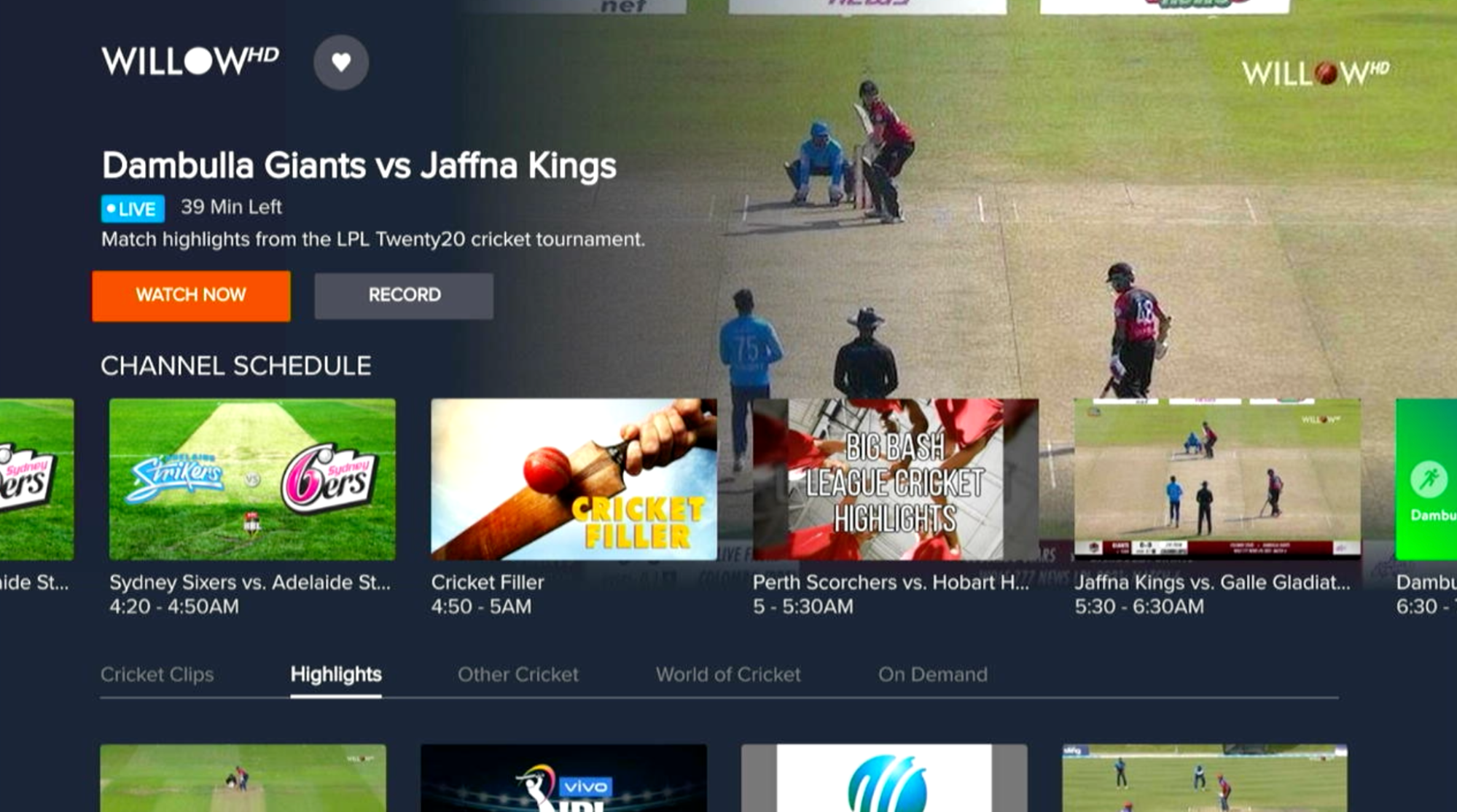 sling tv willow cricket