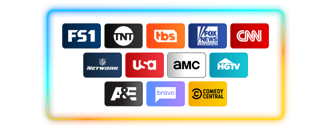 Grid of favorite TV channel logos including FS1, TNT, tbs, Fox News, CNN, NFL Network, USA, AMC, HGTV, A&E, Bravo, and Comedy Central.