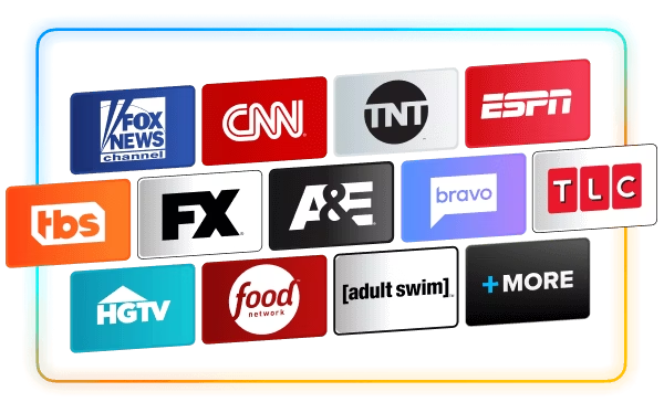 Channels on Sling include Fox News, CNN, TNT, ESPN, TBS, FX, A&E, Bravo, TLC, HGTV, Food Network, Adult Swim and more