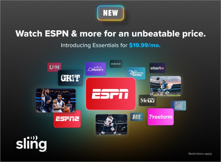 An image of logos for the channels included with Sling Essentials, plus images of basketball, hockey, and football players.