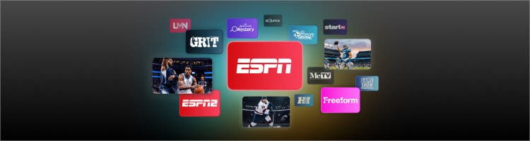 An image of logos for the channels included with Sling Essentials, plus images of basketball, hockey, and football players.