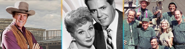 Key art for Gunsmoke, I Love Lucy, and MASH on MeTV
