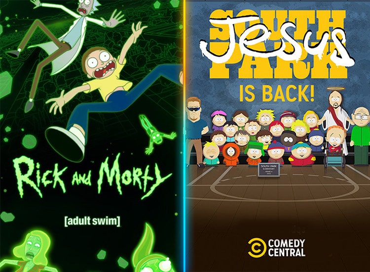 Key art for 'Rick and Morty' and 'South Park'