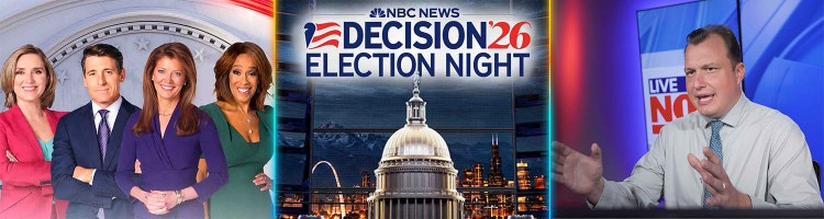 Key art for midterm election coverage on CBS News, NBC News and Fox News.