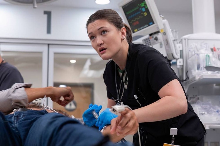 A scene with Jason Issacs, Parker Posey, Patrick Schwarzenegger, Sarah Catherine Hook, and Sam Nivola from season 3 of 'The White Lotus' on HBO and Max.