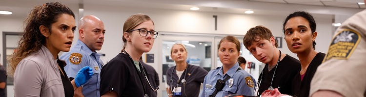 A scene with Patrick Schwarzenegger, Sarah Catherine Hook, and Sam Nivola from season 3 of 'The White Lotus' on HBO and Max.