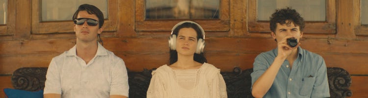 A scene with Patrick Schwarzenegger, Sarah Catherine Hook, and Sam Nivola from season 3 of 'The White Lotus' on HBO and Max.