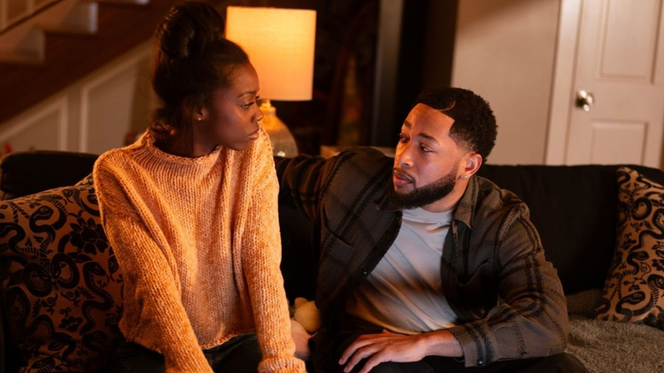Birgundi Baker as Kiesha and Jacob Latimore as Emmett in a scene from 'The Chi' season 8 on Paramount+ with SHOWTIME.