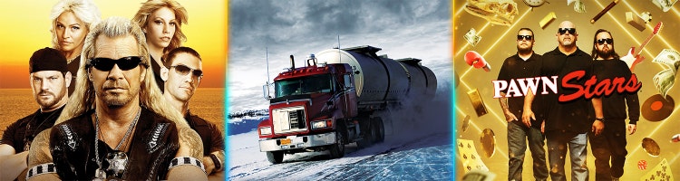 Key art for 'Dog the Bounty Hunter', 'Ice Road Truckers' and 'Pawn Stars.'