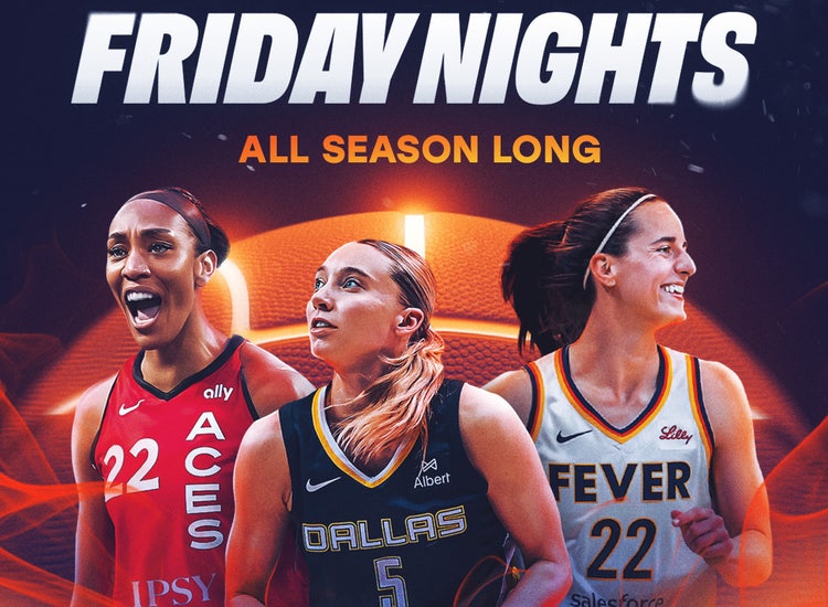 Art for Friday Nights WNBA Basketball on ION with images of A'ja Wilson, Paige Bueckers, and Caitlin Clark.