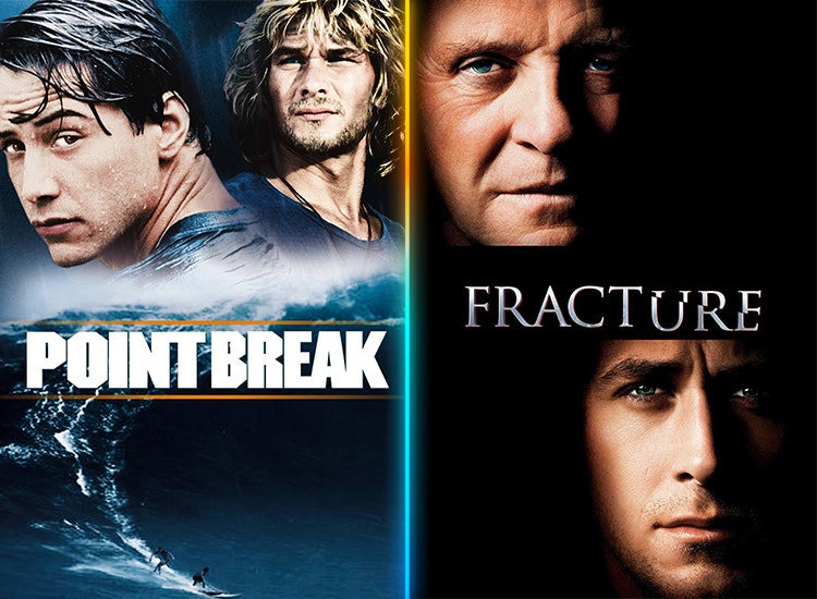 Art for 'Point Break' with Keanu Reeves and Patrick Swayze, and 'Fracture' with Anthony Hopkins and Ryan Gosling.
