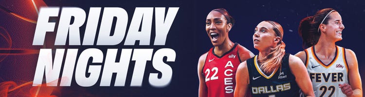 Art for Friday Nights WNBA Basketball on ION with images of A'ja Wilson, Paige Bueckers, and Caitlin Clark.