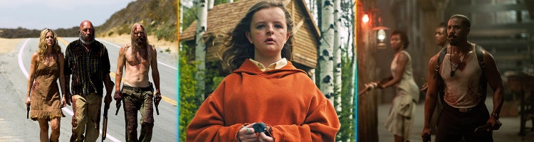 A collage of images from 'The Devil's Rejects', 'Hereditary', and 'Sinners'.