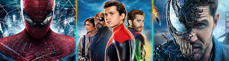 Key art for 'The Amazing Spider-Man', 'Spider-Man: Far From Home', and 'Venom.'