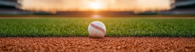 An image of a baseball on a baseball diamond to promote the Little League World Series on ESPN with Sling.