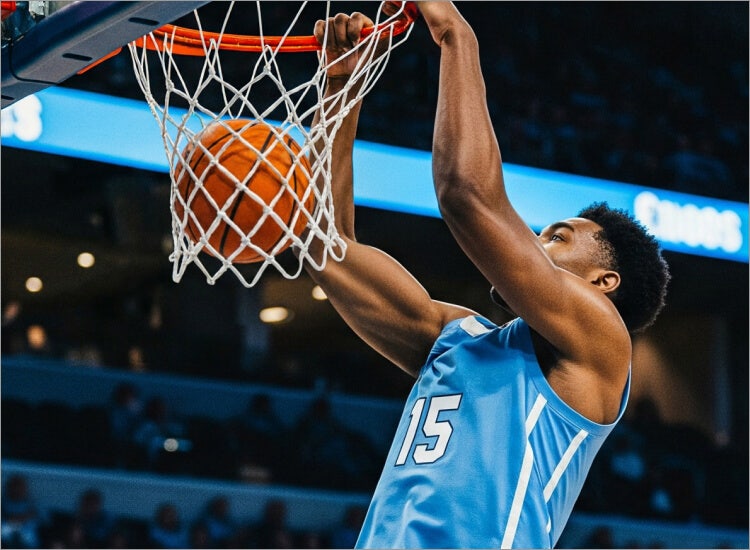 An image of a player dunking the basketball for college basketball on Sling TV.