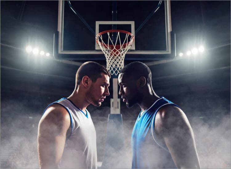 An image for the 2026 NCAA National Championship on Sling with two basketball players staring intensely at each other.