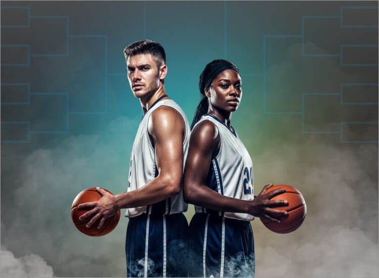 Key art for college basketball tournaments on Sling.