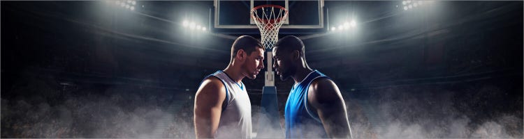 An image for the 2026 NCAA National Championship on Sling with two basketball players staring intensely at each other.
