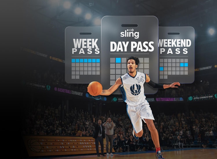 Key art for NCAA Men's basketball with Sling Passes information.