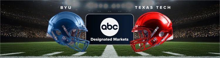 Art for BYU vs. Texas Tech in the Big 12 Championship game on ABC in designated markets with Sling.