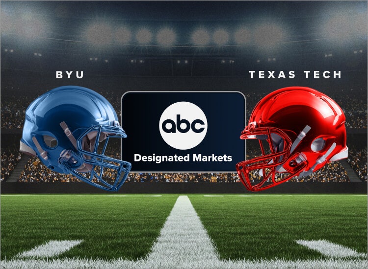 Art for BYU vs. Texas Tech in the Big 12 Championship game on ABC in designated markets with Sling.