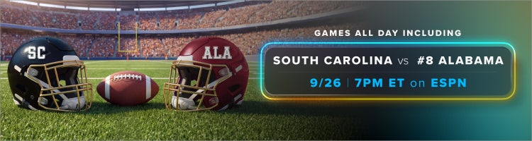 An image of two football helmets with South Carolina and Alabama logos for Week 4 college football on Sling.