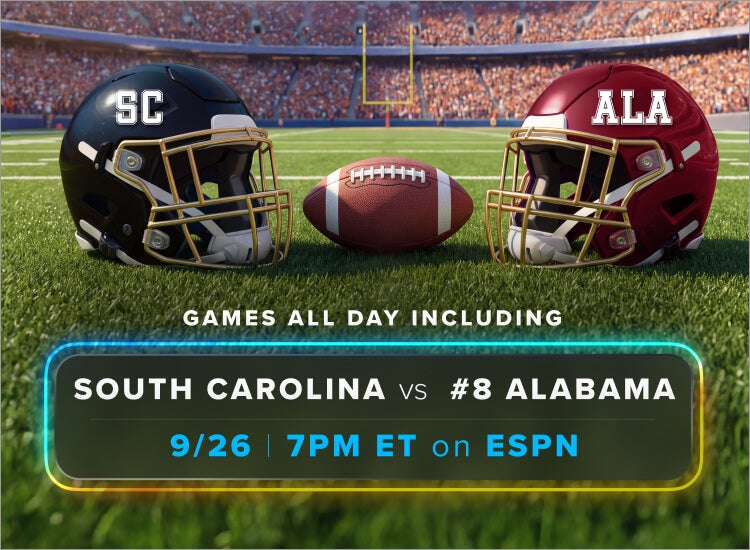 An image of two football helmets with South Carolina and Alabama logos for Week 4 college football on Sling.