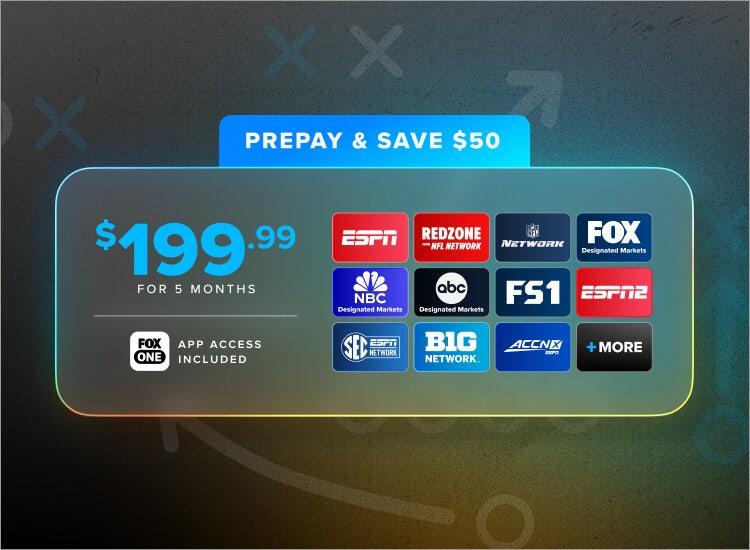 Art for Sling Season Pass with logos for the channels included, like ESPN, FS1, ACC Network, Big Ten Network, and more.