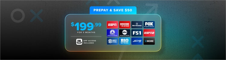 Art for Sling Season Pass with logos for the channels included, like ESPN, FS1, ACC Network, Big Ten Network, and more.
