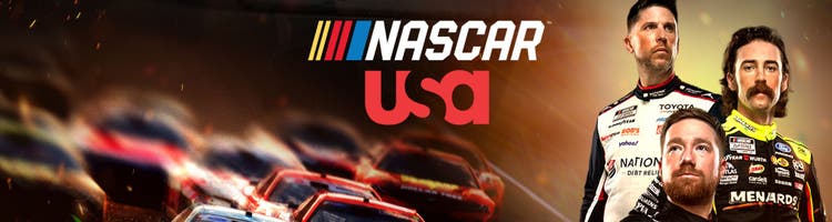 Key art for NASCAR racing on USA Network featuring Denny Hamlin, Kyle Larson, and Ryan Blaney.