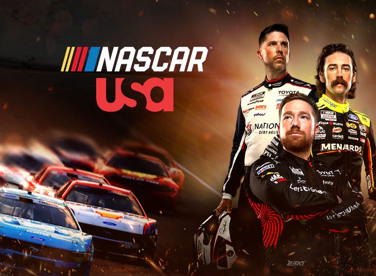 Key art for NASCAR racing on USA Network featuring Denny Hamlin, Kyle Larson, and Ryan Blaney.
