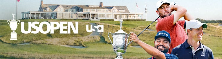 Key art for the 2026 U.S. Open on USA Network featuring J.J. Spaun, Scottie Scheffler, and Rory McIlroy and an image of Shinnecock Hills Golf Club.