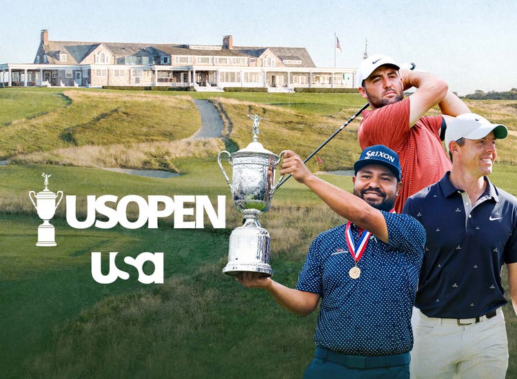 Key art for the 2026 U.S. Open on USA Network featuring J.J. Spaun, Scottie Scheffler, and Rory McIlroy and an image of Shinnecock Hills Golf Club.