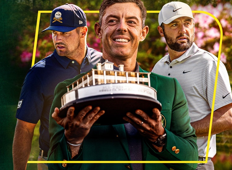 Art for 2026 Masters Coverage on ESPN with Rory McIlroy, Scottie Scheffler, and Bryson Dechambeau.
