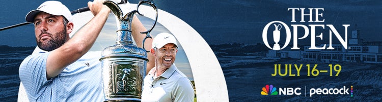 Key art for the 2026 British Open on NBC featuring PGA golfers Scottie Scheffler and Rory McIlroy.