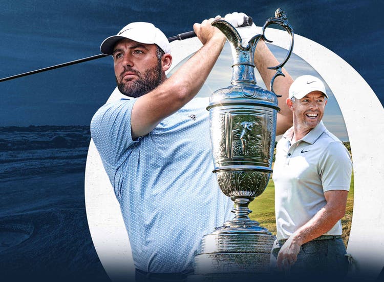 Key art for the 2026 British Open on NBC featuring PGA golfers Scottie Scheffler and Rory McIlroy.