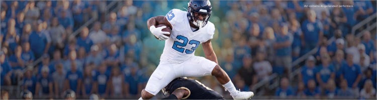 An AI image of a football player leaping over a tackler to promote football on Sling TV.
