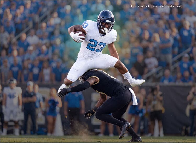 An AI image of a football player leaping over a tackler to promote football on Sling TV.