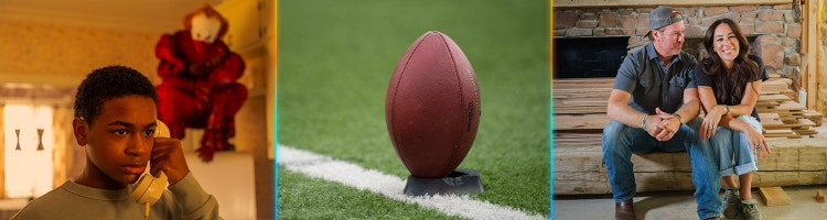 A collage of images from 'It: Welcome to Derry', 'Fixer Upper: Colorado Mountain Home' and college football.