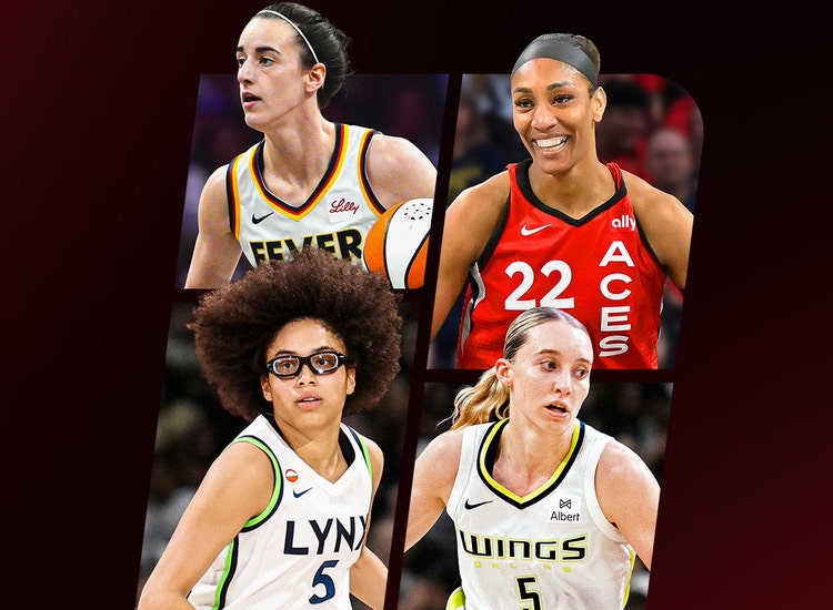 Key art for the 2026 WNBA All-Star Game on ABC featuring Caitlin Clark, A'ja Wilson, Paige Bueckers, and Olivia Miles.