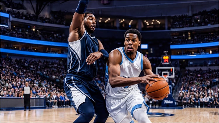 An AI image of a player driving to the basket to promote NBA basketball with Sling TV.